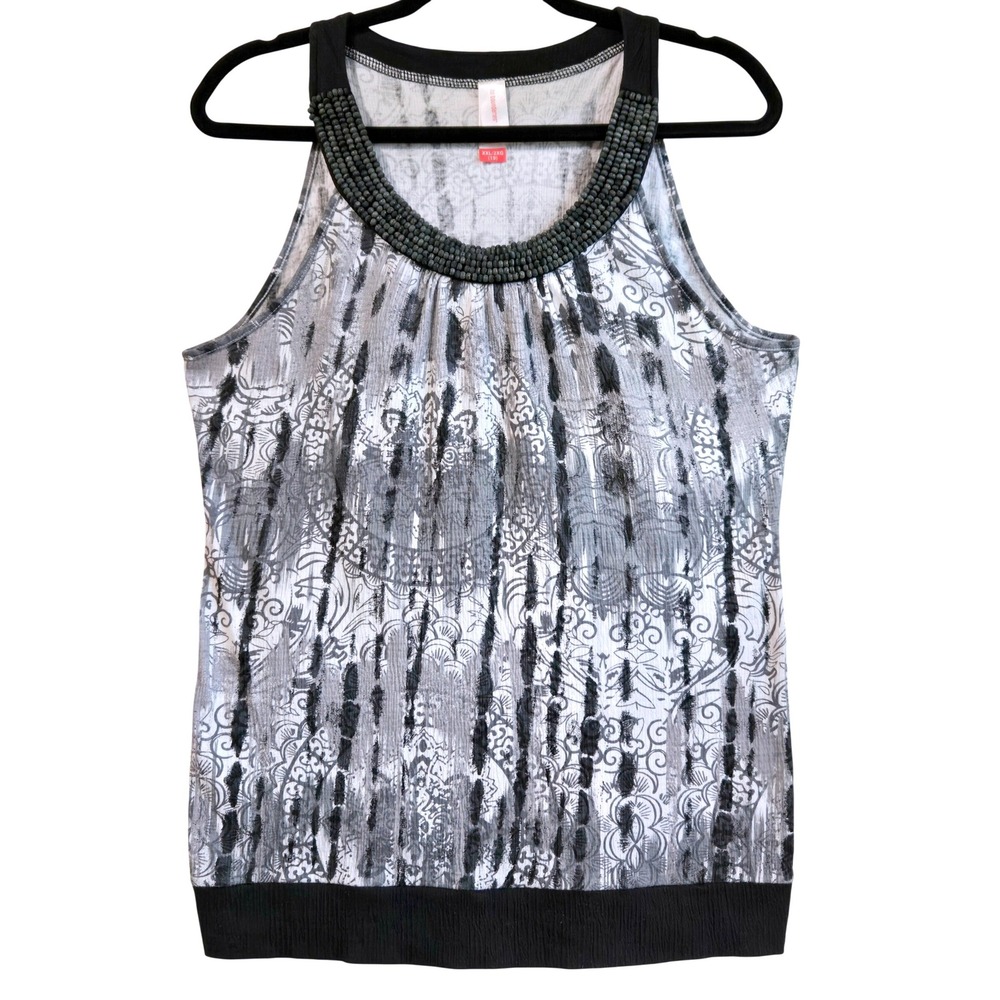 Artsy No Boundaries Women XXL Black Soot Mixed Print Beaded Neckline Tank Top